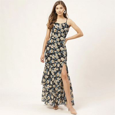 Black & Off-White Floral Print High-Slit Tiered Maxi Dress