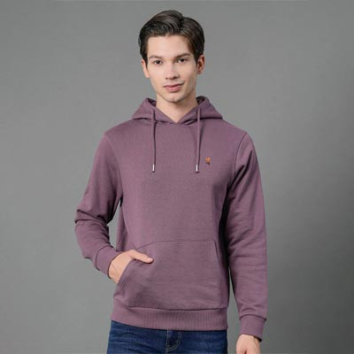 Men Mauve Solid Hooded Sweatshirt