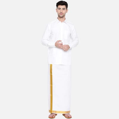 Men White Pure Cotton Single layer Dhoti with Gold Zari Border