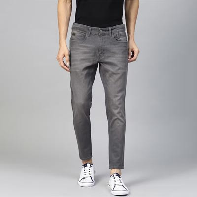 Men Charcoal Grey Skinny Fit Mid-Rise Clean Look Cropped Stretchable Jeans