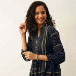 Mandarin Collar Printed Tie-up Sleeves Cotton Tunic