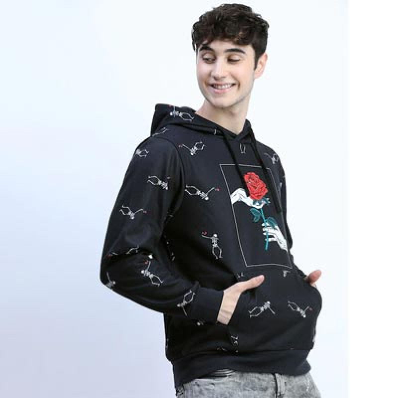 Men Black Printed Hooded Sweatshirt