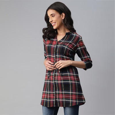 Multicoloured Mandarin Collar Checked Cotton Tunic