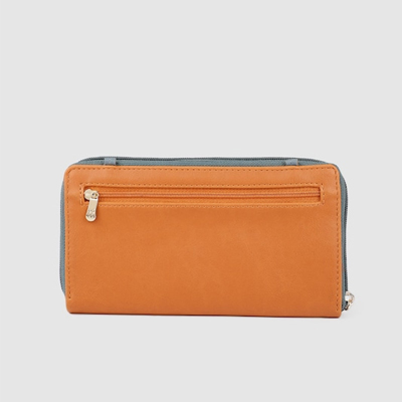 Women Grey & Orange Colourblocked Zip Around Wallet