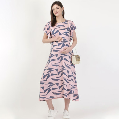 Pink Maternity Geometric Print A-Line Midi Dress