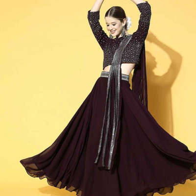 Deep Burgundy Embroidered Ready to Wear Lehenga Choli with Dupatta