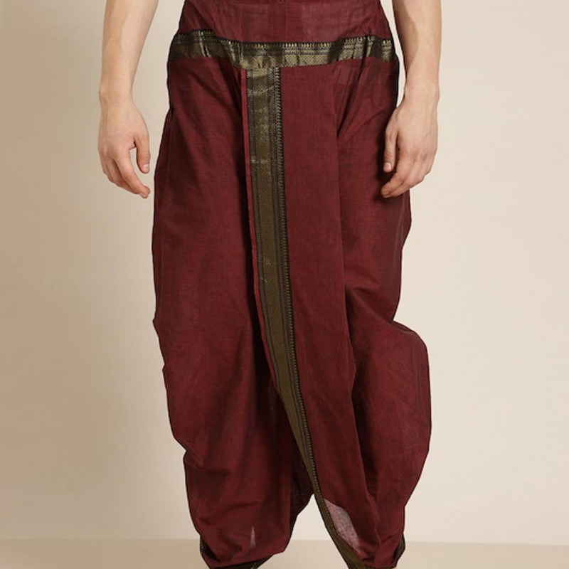 "Men Burgundy Solid Cotton Dhoti Pants "