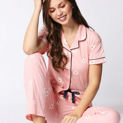 Women Peach Pure Cotton Printed Night Suit