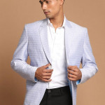 Men Lavender Coloured Self Design Single Breasted Ethnic Blazer