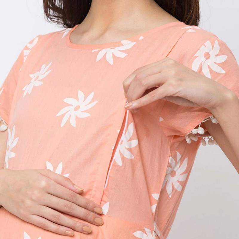 Peach-Coloured Printed Fit and Flare Maternity Feeding Nursing Dress