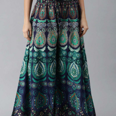 Women Green & Navy Blue Ethnic Motifs Print Flared Palazzos