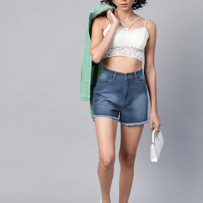 Women Blue Washed High-Rise Pure Cotton Denim Shorts