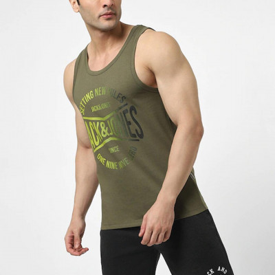 "Men Green Printed Cotton Innerwear Gym Vests "