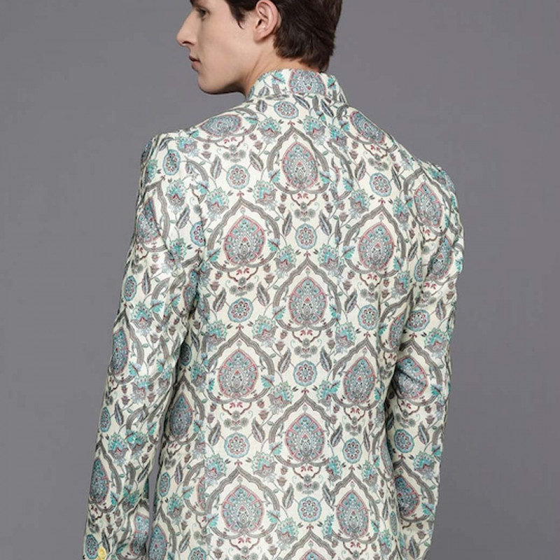 "Men Cream Coloured & Green Printed Blazer "