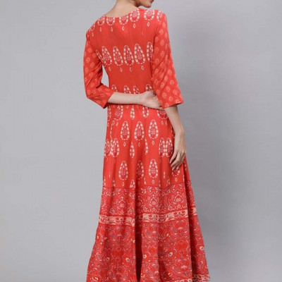 Women Peach-Coloured & White Geometric Printed Keyhole Neck Anarkali Kurta